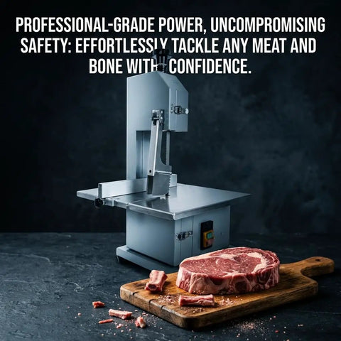 Heavy Duty Commercial Electric Bone Saw With Stainless Steel Table And Eight Replacement Blades 2500W Meat Bandsaw on a countertop.