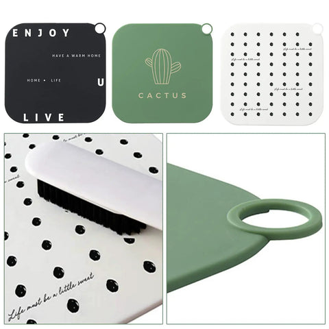 Hair Stopper Shower Drain Strainers Silicone Adjustable, A in green, showing detailed design with brush for cleaning.