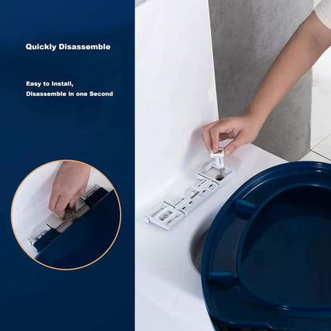 Hand demonstrating quick release hardware of Premium White Oval Toilet Seat Featuring Heavy Duty Soft Close Action and Hassle Free Quick Release Hardware Crafted From Durable Polypropylene To Eliminate Loud Slamming Noise For Good.