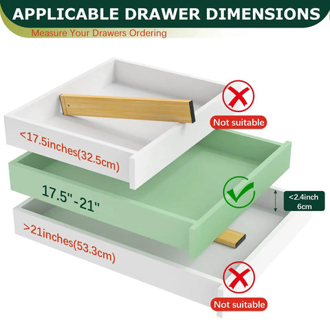 Knockout Premium Bamboo Drawer Dividers Six Pack drawer dimensions guide for adjustable inserts determining suitable sizes.