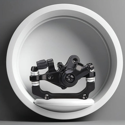 Rock Hard Aluminum Alloy Mechanical Disc Brakes Featuring Steel Ball Drive System Universal A B Mount in black, side view on a round display.