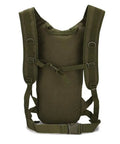 Back view of Army Green Camouflage Rucksack Backpack for Men and Women, Oxford Fabric Hiking Pack with padded straps and buckles.