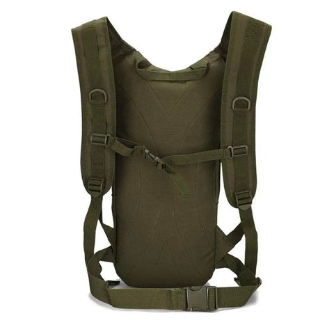 Back view of Army Green Camouflage Rucksack Backpack for Men and Women, Oxford Fabric Hiking Pack with padded straps and buckles.