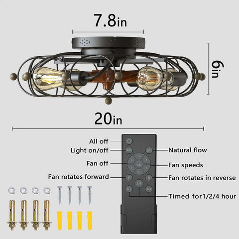 Diagram of Caged Ceiling Fan With Light And Remote Flush Mount Low Profile Farmhouse Modern Ceiling Fan Includes Bulbs 6 Speeds
