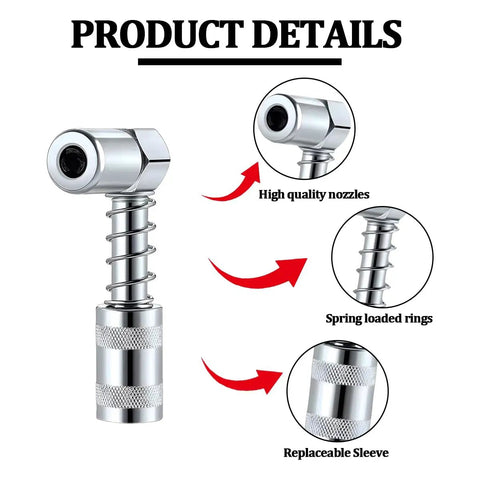 90 Degree Grease Coupler Adapter 2 Pack For Tight Spaces Right Angle Grease Gun Fittings with nozzle, rings, and sleeve