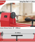 Flyrivergo 14 Inch By 40 Inch Benchtop Mini Wood Lathe Machine 370 Watt 110 Volt Power Turning Tool For DIY Woodworking Projects Red Finish with swing-over bed measurements.