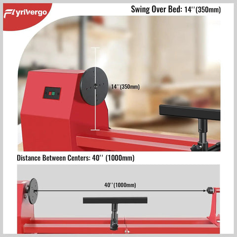 Flyrivergo 14 Inch By 40 Inch Benchtop Mini Wood Lathe Machine 370 Watt 110 Volt Power Turning Tool For DIY Woodworking Projects Red Finish with swing-over bed measurements.