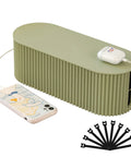 Green cable management box with pleated design and cable ties, part of Two Pack Cable Management Box With 20 Cable Ties For Power Strips
