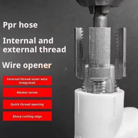 Heavy Duty 4-in-1 Water Pipe Threader Kit close-up showing internal and external threading on a PPR hose with sharp cutting edge.