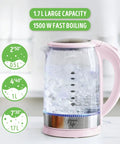 1.7 Liter Glass Electric Kettle With Fast Heat And Easy One Touch Start No Fuss Filtered Spout For Clean Pour LED Base Auto Shut Off Cordless Serving Great For Tea And Coffee Pink