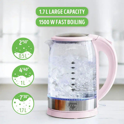 1.7 Liter Glass Electric Kettle With Fast Heat And Easy One Touch Start No Fuss Filtered Spout For Clean Pour LED Base Auto Shut Off Cordless Serving Great For Tea And Coffee Pink
