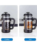 12 Oz French Press Coffee And Tea Maker With Borosilicate Glass Carafe And Soft Grip Handle shown with coffee and tea inside