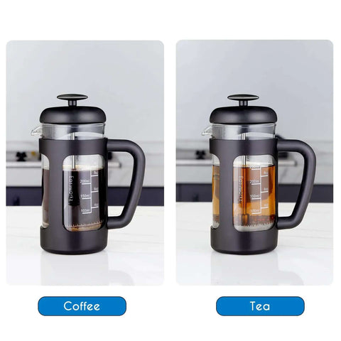 12 Oz French Press Coffee And Tea Maker With Borosilicate Glass Carafe And Soft Grip Handle shown with coffee and tea inside