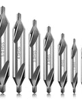 Top Shelf 7 Piece Center Drill Bit Set Crafted From Heavy Duty M2 High Speed Steel With A Sharp 60 Degree Countersink Design Ideal For Lathe Work And Shop Metalworking Tasks Featuring A Dead Reliable Range Of Exact Hole Sizes Included, showing seven varying sizes.