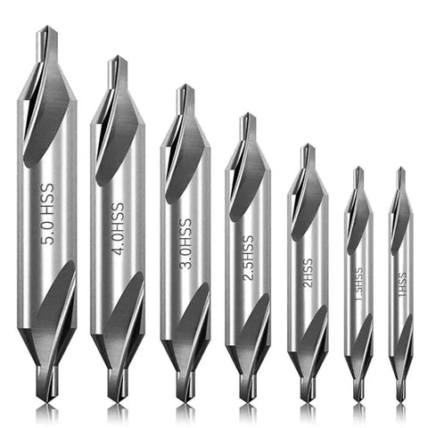 Top Shelf 7 Piece Center Drill Bit Set Crafted From Heavy Duty M2 High Speed Steel With A Sharp 60 Degree Countersink Design Ideal For Lathe Work And Shop Metalworking Tasks Featuring A Dead Reliable Range Of Exact Hole Sizes Included, showing seven varying sizes.