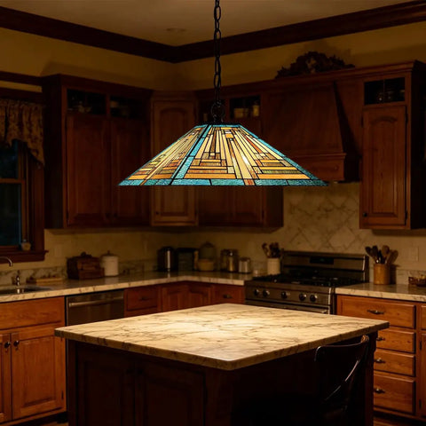 Green 16 Inch Tiffany Style Pendant Light Fixture With Two Lights, Mission Stained Glass Hanging Lamp Over Kitchen Island