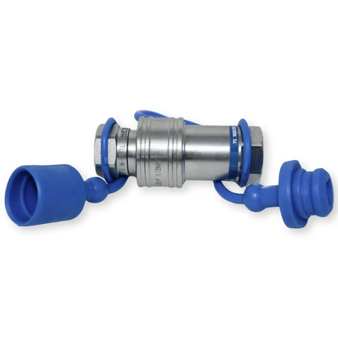 One Half NPT Quick Connect Hydraulic Coupler ISO 5675 Ball Style Heavy Duty With One Half Inch Body, blue dust caps visible