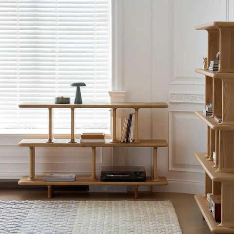 Retro Style Floor Standing Book Shelf With Open Multi Layer Shelves For Living Room Or Office, wood material, side view display