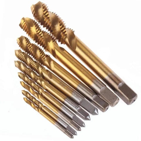 Pro Grade Titanium Spiral Flute Machine Screw Tap Set 9 Pcs Metric M2 to M12 in golden titanium finish, angled view.