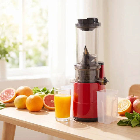 Baoblaze Vertical Cold Press Juicer, Masticating Extractor With Pulp And Juice Separation on a wooden table with juice and fruits.