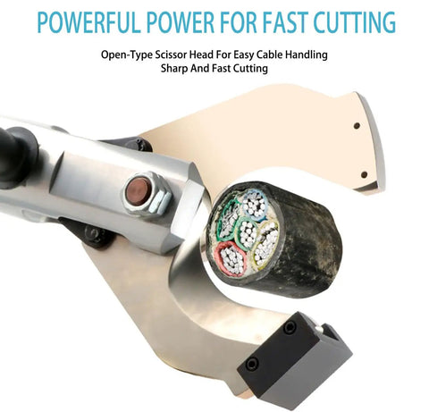 Cordless Electric Hydraulic Cable Cutter With Digital Display, cutting thick cable, open-type scissors, close-up view