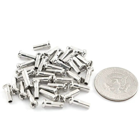 36 Pack 14mm Spoke Nipples for 14G Mountain Bike Wheels, Silver Carbon Steel next to coin for size comparison