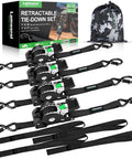 4 Pack Retractable Ratchet Straps 1 Inch x 10 Feet 1650 Pound Break Strength Heavy Duty Self Retracting Tie Down Straps For Motorcycle ATV UTV Truck And Cargo Trailer Black with packaging and storage bag
