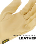 Close-up of Breathable Leather Cow Driver Gloves With Water Resistant Durahide Dry Leather And Gunn Cut For Tough Jobs Tan XL Size.