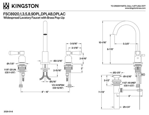 Technical drawing of Paris Widespread Bathroom Faucet in polished chrome with solid brass build, 8-16 inch spread details