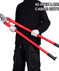 Professional Heavy Duty Cable Cutters 14 Inch Wire Snips Built Like A Tank Using Premium Chrome Vanadium Steel Cuts Thick Copper And Aluminum Core Cables No Sweat Required Bright Red Finish held by a person.