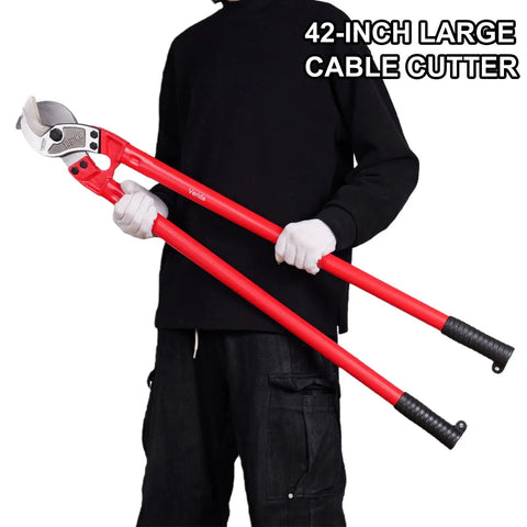 Professional Heavy Duty Cable Cutters 14 Inch Wire Snips Built Like A Tank Using Premium Chrome Vanadium Steel Cuts Thick Copper And Aluminum Core Cables No Sweat Required Bright Red Finish held by a person.