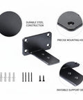 Hidden Shelf Brackets For Floating Shelves Black Cold Rolled Steel Support showing construction, mounting holes, and screws.