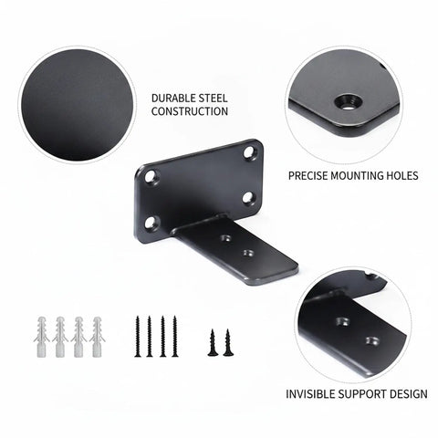 Hidden Shelf Brackets For Floating Shelves Black Cold Rolled Steel Support showing construction, mounting holes, and screws.