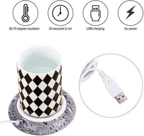 Smart Usb Coffee Mug Warmer And Electric Beverage Heater For Desk Use with USB charging and black and white checkered mug.