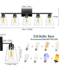 Five Light Matte Black Bathroom Vanity Light Fixtures Over Mirror 32.68 Inch Modern Vanity Lights With Clear Glass Shades E26 Base Farmhouse Industrial Wall Sconces Excludes Bulbs, detailed dimensions and recommended bulb types displayed.
