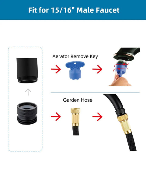 Faucet To Garden Hose Adapter Kit Easy Install Brass Matte Black With Washer And Aerator Key, Female To Male Converter shown.