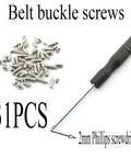 Built Tough Sixty Piece Nickel Plated Screw Kit For Leather Belts And Handbags Featuring Rust Free Carbon Steel Cross Head Fasteners In Assorted Metric Sizes With Precision Driver To Fix Your Gear In A Snap with a screwdriver and screws.