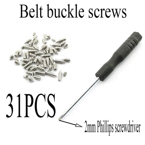 Built Tough Sixty Piece Nickel Plated Screw Kit For Leather Belts And Handbags Featuring Rust Free Carbon Steel Cross Head Fasteners In Assorted Metric Sizes With Precision Driver To Fix Your Gear In A Snap with a screwdriver and screws.