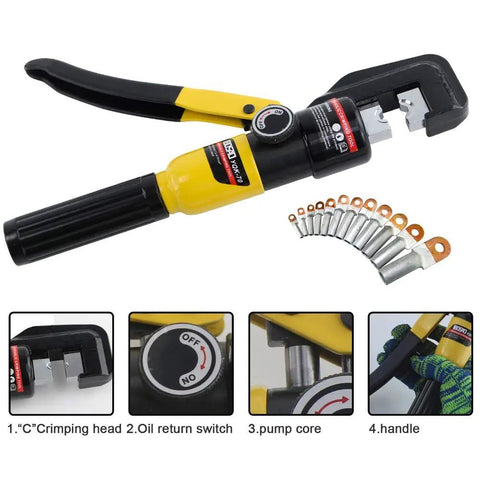 10 Ton Hydraulic Crimp Tool For Battery Cables, Lug Terminal Crimper With 9 Die Sets, durable hardened steel, chrome finish, safe handle