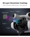 Close-up of DJI Mini 4 Pro with filter kit showing 28-layer nanometer coatings for glare reduction and protection.