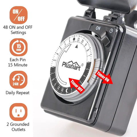 Outdoor Light Timer With Dual Outlets Waterproof 24 Hour Programmable Mechanical Timer Plug In 6 Inch Extension Cord Half HP ETL Listed Daily Repeat 15 Minute Intervals For Holiday Lights And Patio Decor