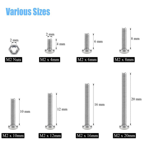 310 Piece Stainless Steel 304 Phillips Pan Head Bolts Screws Nuts Kit With M2x4mm to M2x20mm sizes displayed.