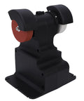 Compact Bench Polishing Machine With 4000mAh Battery And Variable Speed Up To 7000 Rpm For Precise Grinding Tasks Includes Two Batteries And Secure Mounting Hardware For Reliable Performance On Any Workbench Setup, showing black body and red grinding wheel.