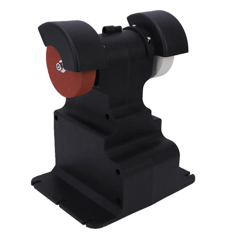 Compact Bench Polishing Machine With 4000mAh Battery And Variable Speed Up To 7000 Rpm For Precise Grinding Tasks Includes Two Batteries And Secure Mounting Hardware For Reliable Performance On Any Workbench Setup, showing black body and red grinding wheel.