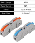 Rock Solid Sixty Piece Quick Connect Lever Wire Connector Kit Tool Free Insulated Butt Splice And Inline Terminals AWG 28 To 12 grey connectors with orange and blue levers.