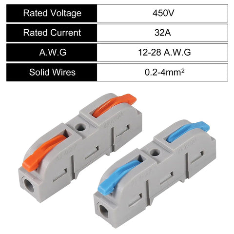 Rock Solid Sixty Piece Quick Connect Lever Wire Connector Kit Tool Free Insulated Butt Splice And Inline Terminals AWG 28 To 12 grey connectors with orange and blue levers.