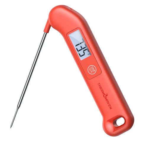 Red NIST Certified Digital Meat Thermometer With 0.5 F Accuracy for instant read, featuring backlit display and stainless steel probe.