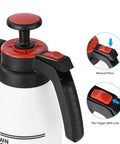Close-up of 0.53 Gallon Garden Sprayer Hand Pump With Adjustable Nozzle And Trigger Lock Portable Do It All Multipurpose Sprayer handle.