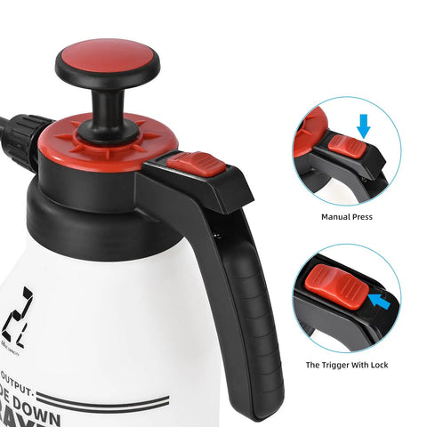 Close-up of 0.53 Gallon Garden Sprayer Hand Pump With Adjustable Nozzle And Trigger Lock Portable Do It All Multipurpose Sprayer handle.