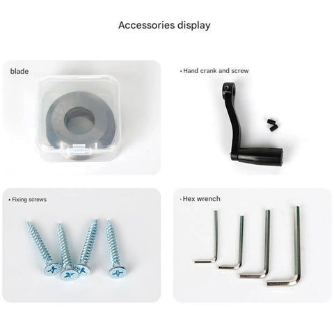 Accessories for Heavy Duty Automatic Wire Stripper Tool including blade, hand crank, screws, and hex wrench.